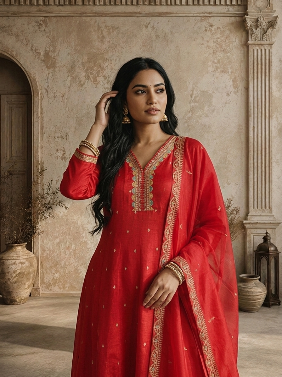 Magenta Silk Zari Boota Embroidered Three Piece Set