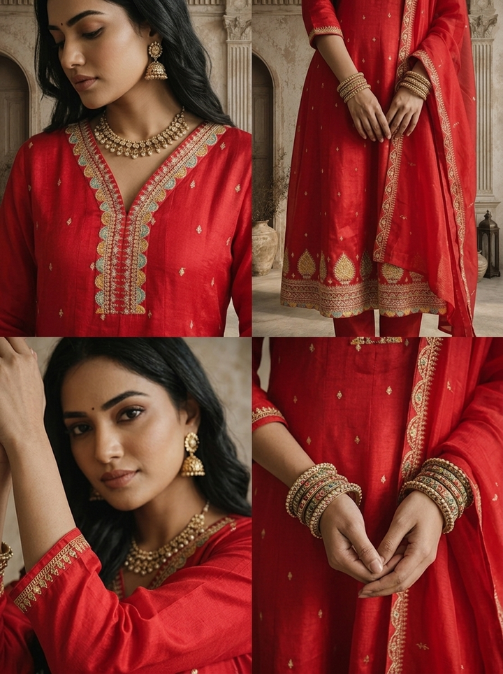 Magenta Silk Zari Boota Embroidered Three Piece Set
