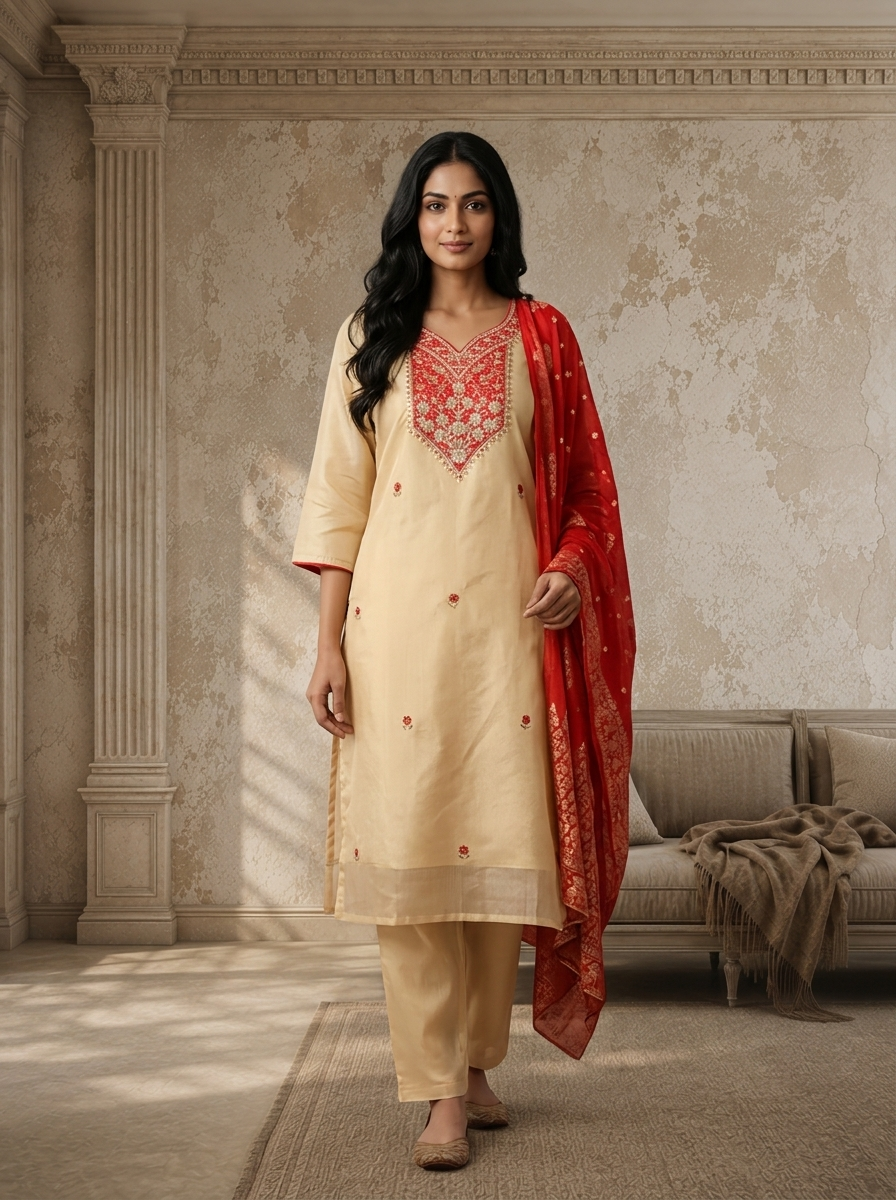 Red Tissue  Floral Boota Embroidered Three Piece Set