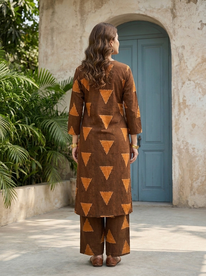 Brown Cotton Triangle Jaal Printed Two Piece Set