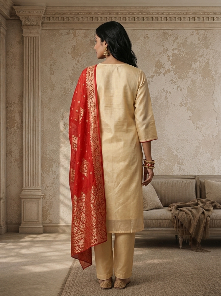 Red Tissue  Floral Boota Embroidered Three Piece Set