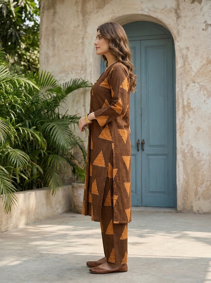 Brown Cotton Triangle Jaal Printed Two Piece Set