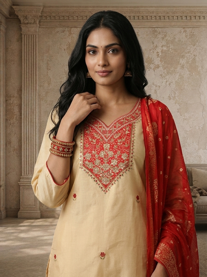 Red Tissue  Floral Boota Embroidered Three Piece Set