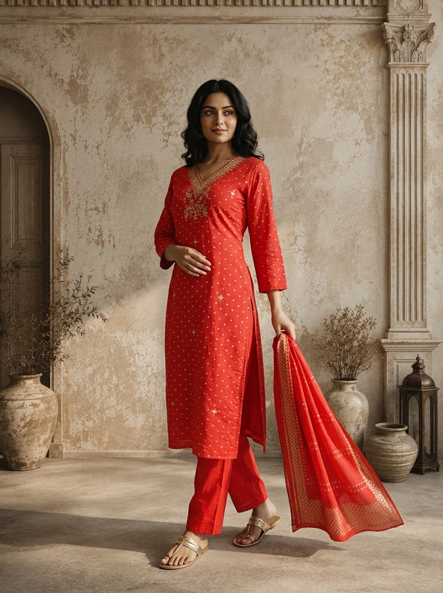 Red Silk Dot Jaal Printed Three Piece Set