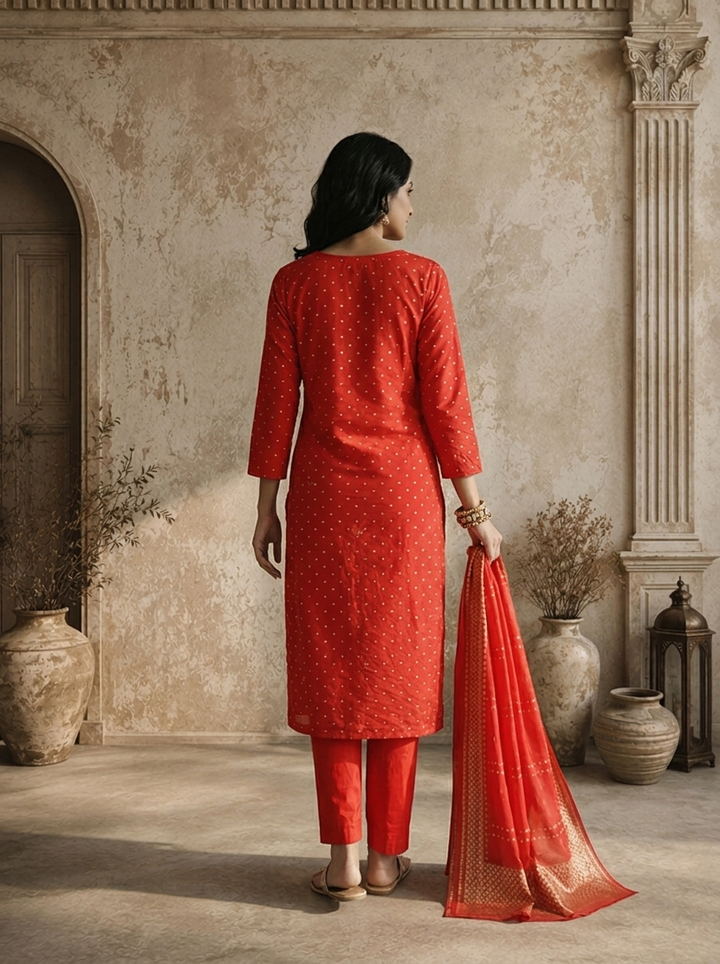 Red Silk Dot Jaal Printed Three Piece Set