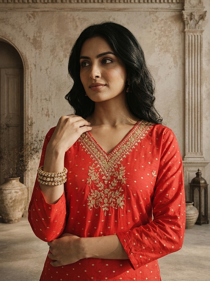 Red Silk Dot Jaal Printed Three Piece Set