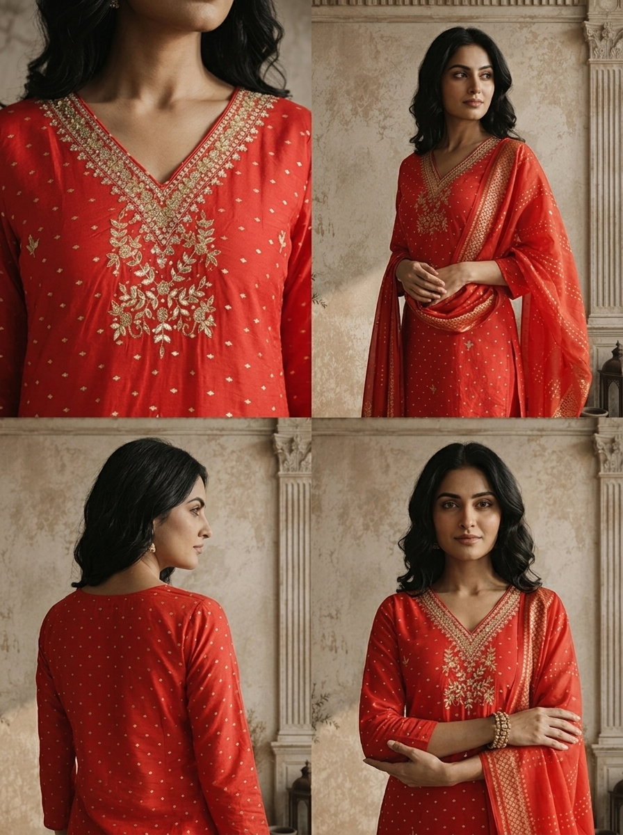 Red Silk Dot Jaal Printed Three Piece Set