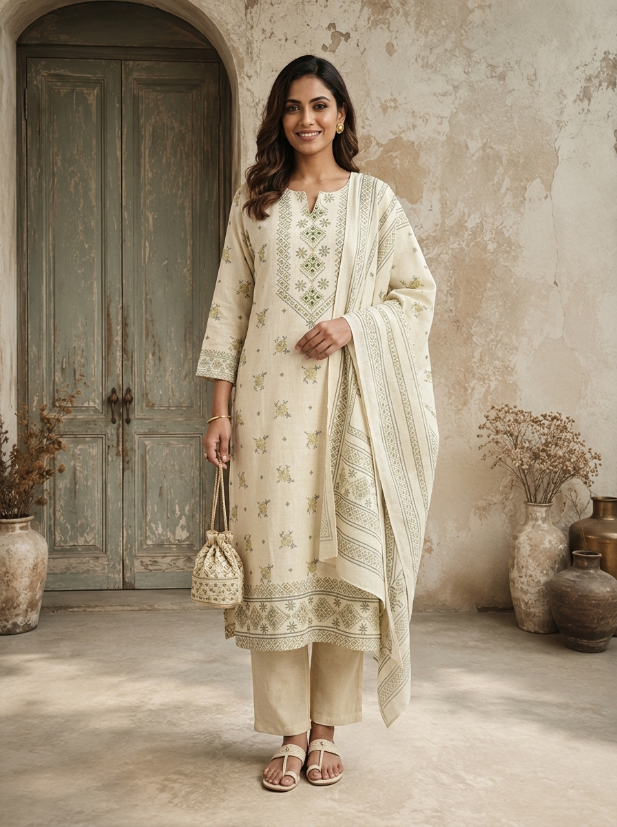 Cream Linen Floral Booti With Cross-Stitch Jaal Printed Three Piece Set