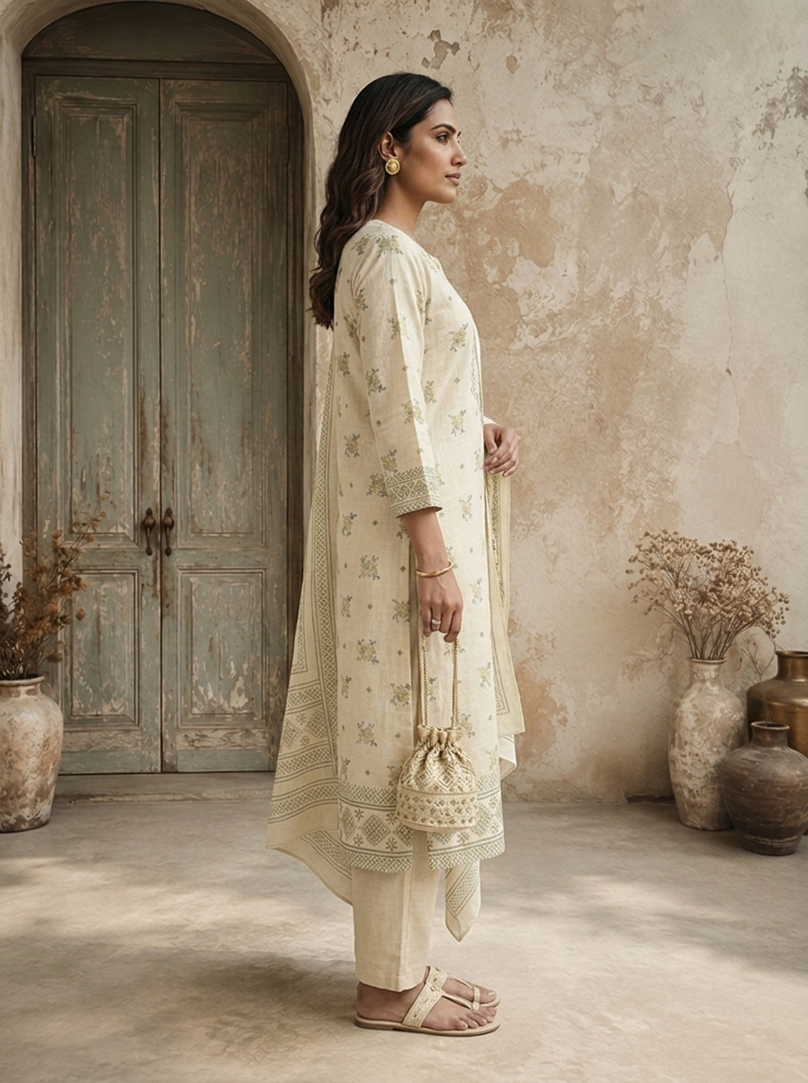 Cream Linen Floral Booti With Cross-Stitch Jaal Printed Three Piece Set