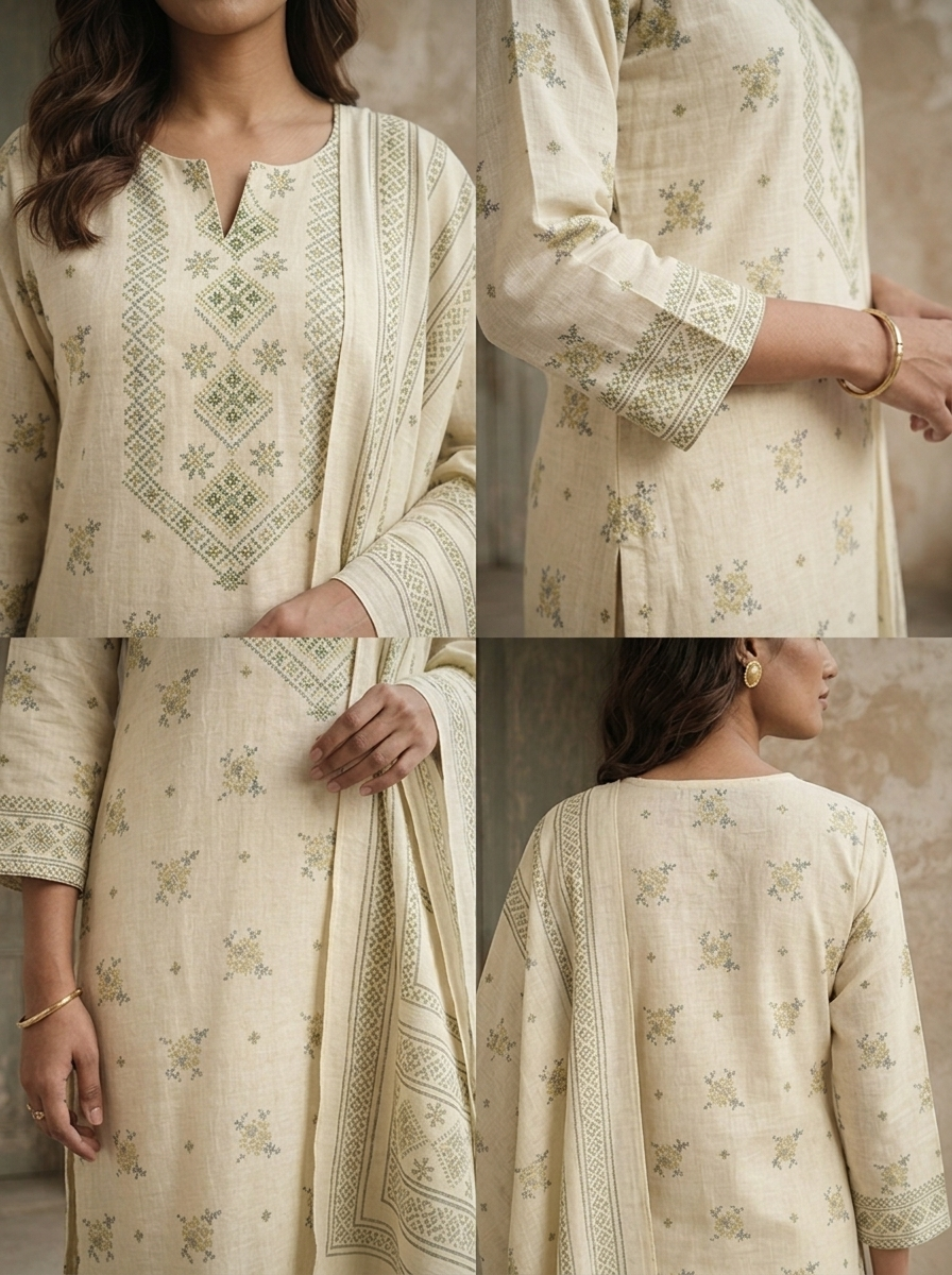 Cream Linen Floral Booti With Cross-Stitch Jaal Printed Three Piece Set