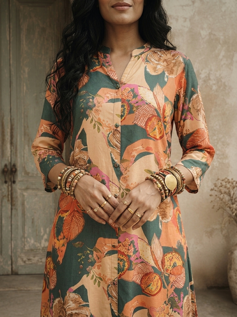 Rama Modal Abstract Botanical Printed Kurta