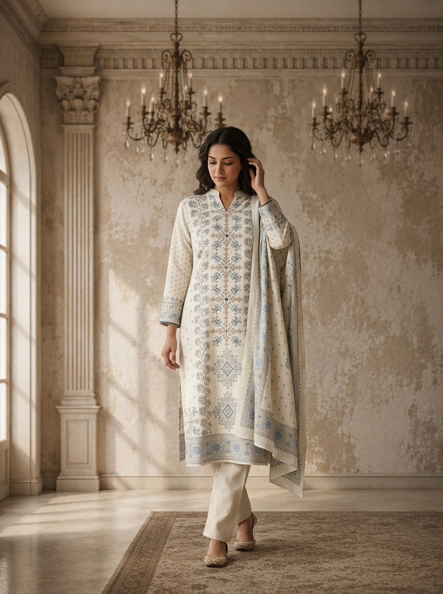 Off White Linen Cross-Stitch Floral Printed Three Piece Set