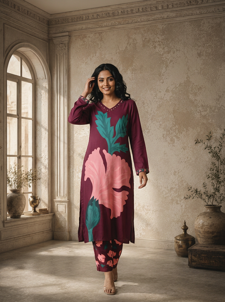 Wine Rayon Giant Hibiscus Printed Two Piece Set