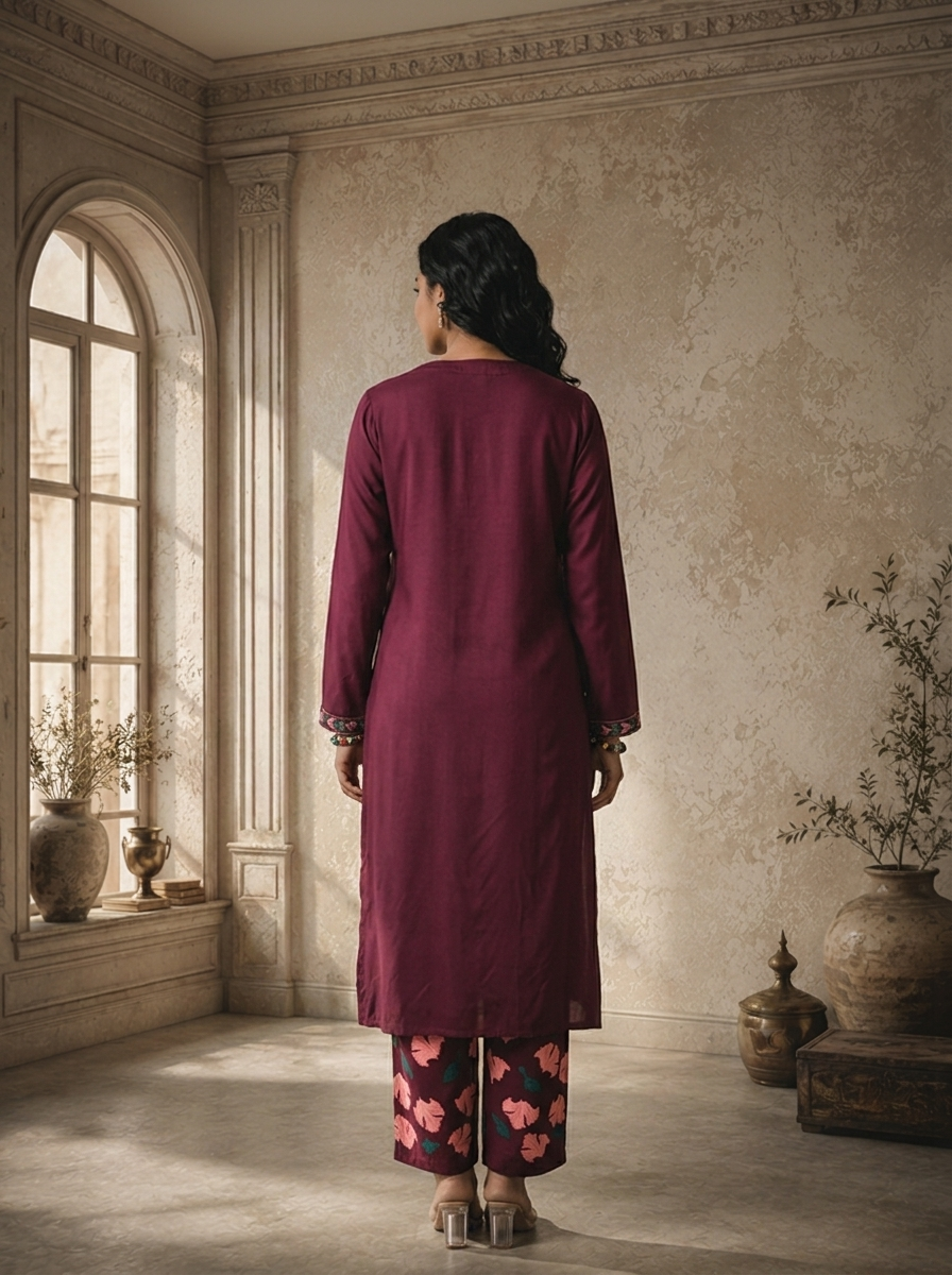 Wine Rayon Giant Hibiscus Printed Two Piece Set