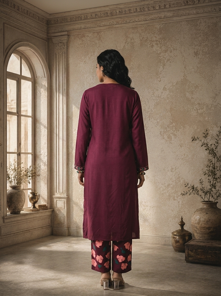 Wine Rayon Giant Hibiscus Printed Two Piece Set