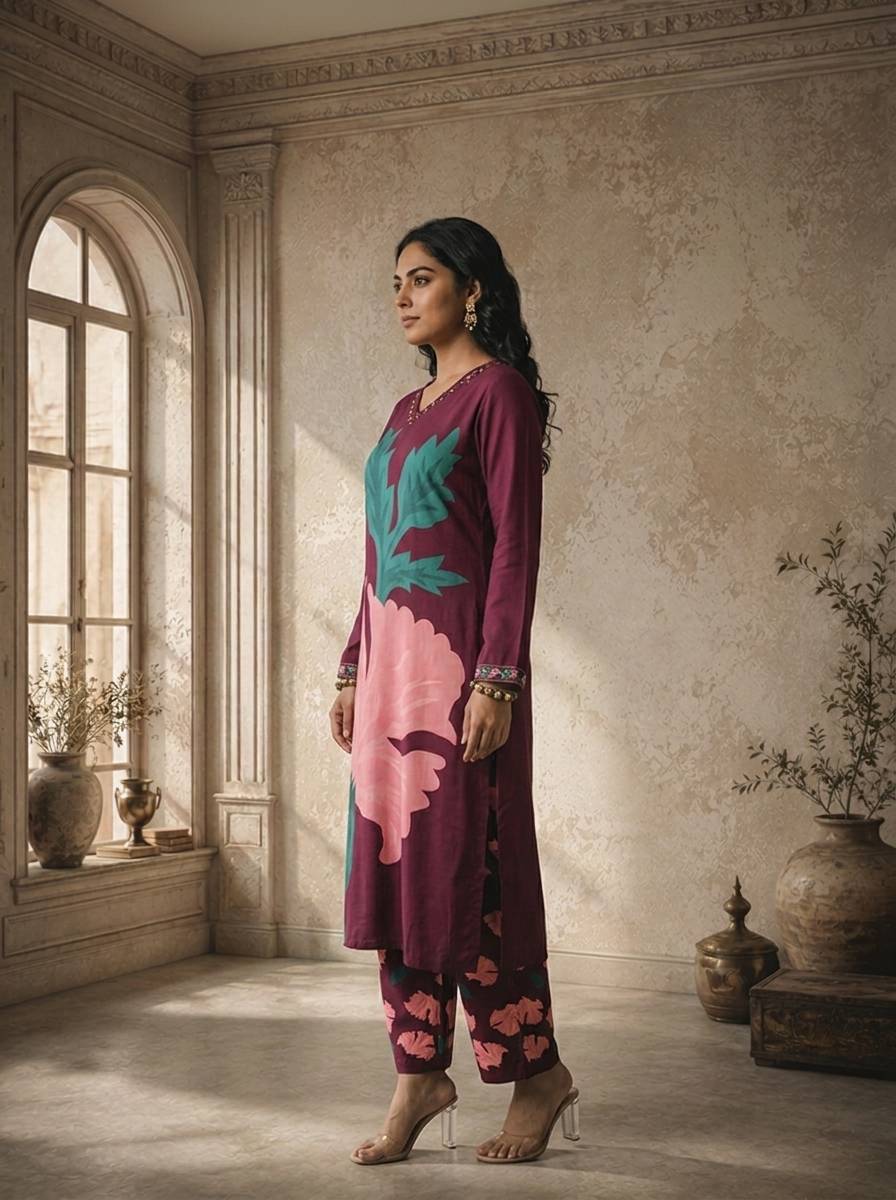 Wine Rayon Giant Hibiscus Printed Two Piece Set