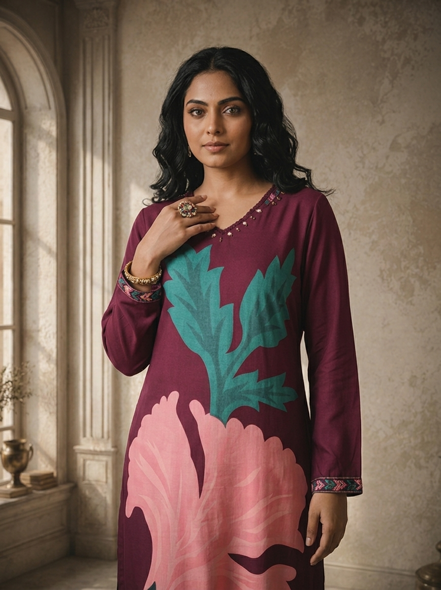 Wine Rayon Giant Hibiscus Printed Two Piece Set
