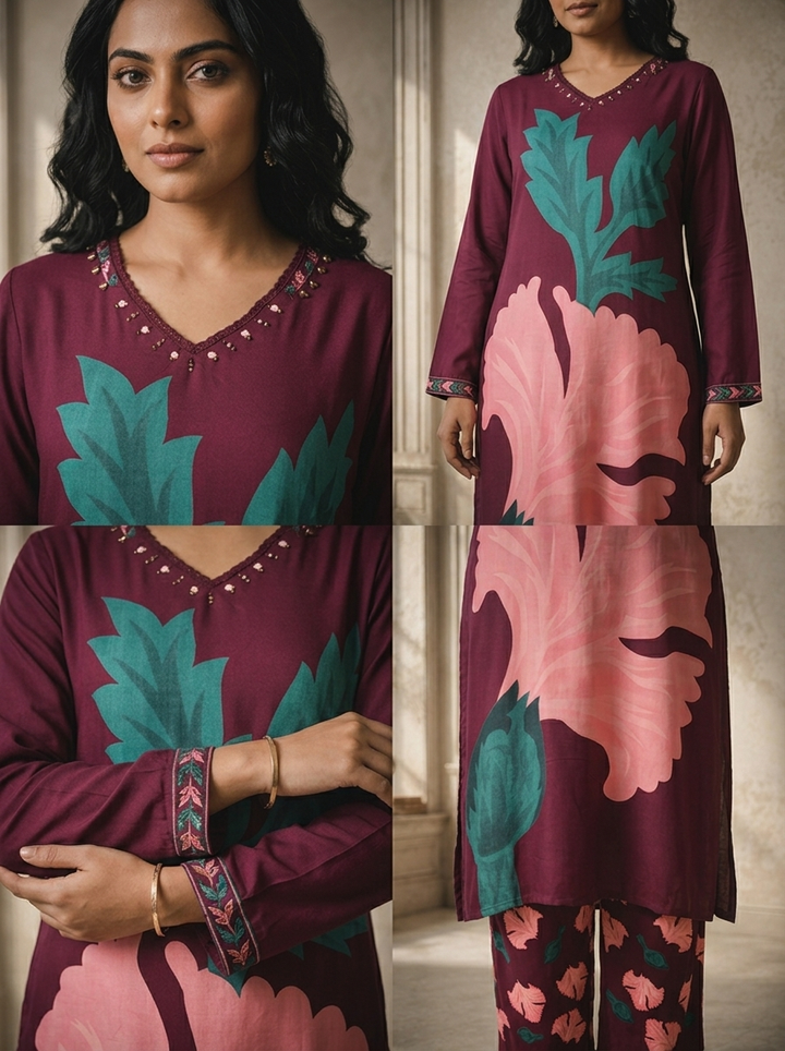 Wine Rayon Giant Hibiscus Printed Two Piece Set
