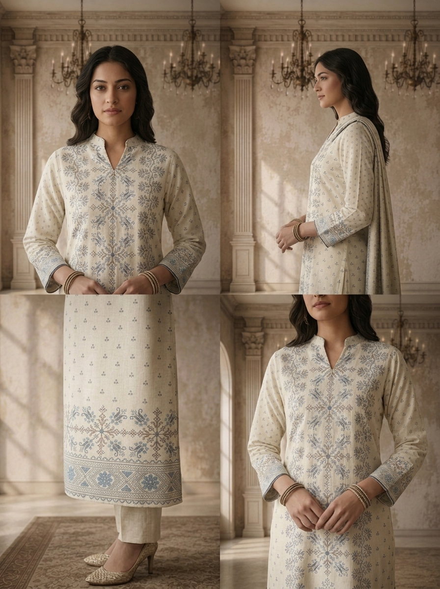 Off White Linen Cross-Stitch Floral Printed Three Piece Set