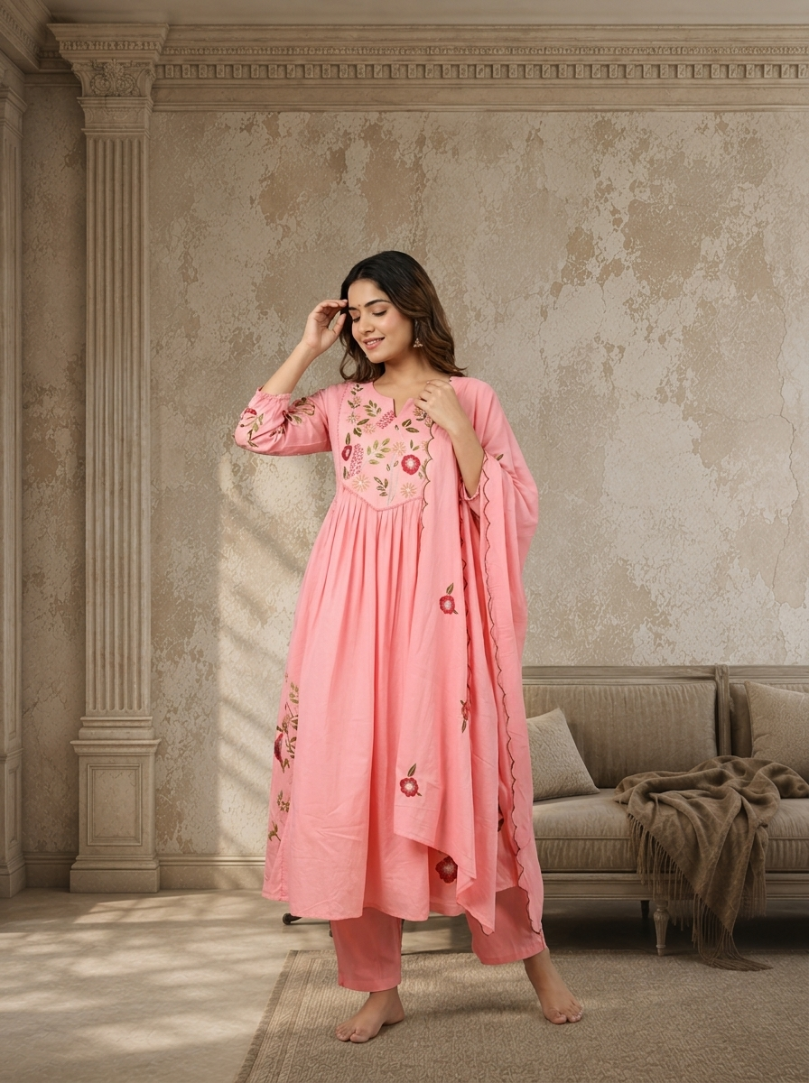 Rose Pink Cotton Floral Embroidered Three Piece Set