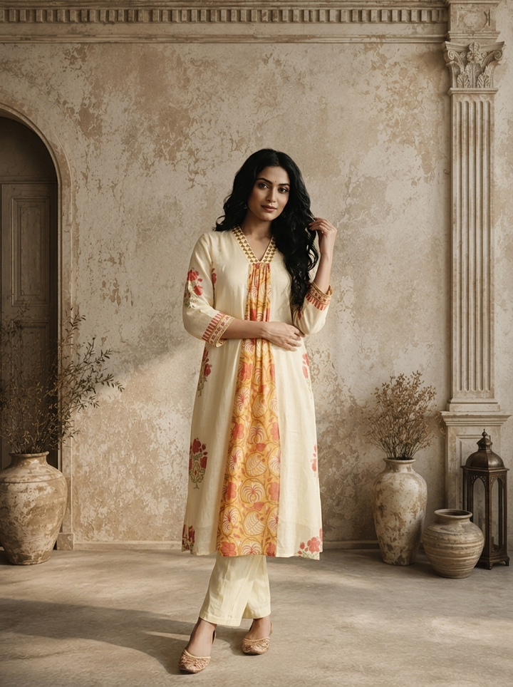 Mustard Cotton Floral Jaal Panel Printed Two Piece Set