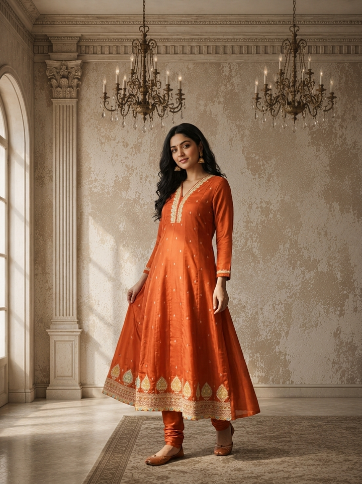 Burnt Orange Silk Zari Boota Embroidered Three Piece Set