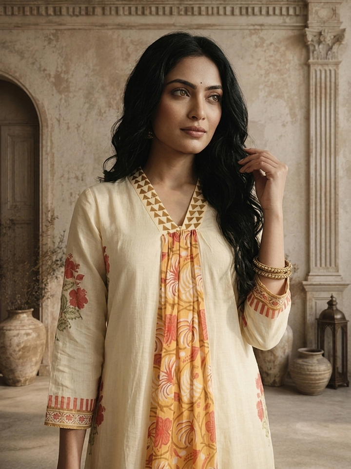 Mustard Cotton Floral Jaal Panel Printed Two Piece Set