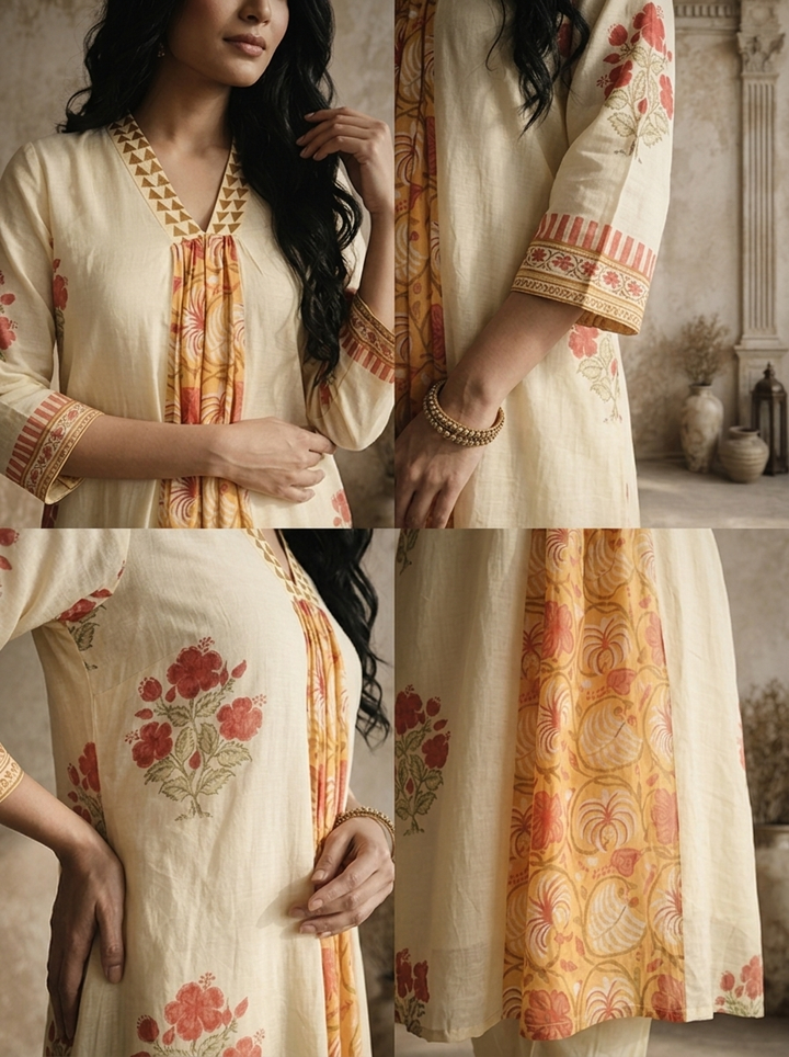 Mustard Cotton Floral Jaal Panel Printed Two Piece Set