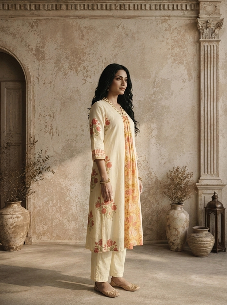 Mustard Cotton Floral Jaal Panel Printed Two Piece Set