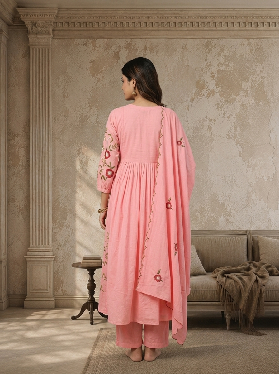 Rose Pink Cotton Floral Embroidered Three Piece Set