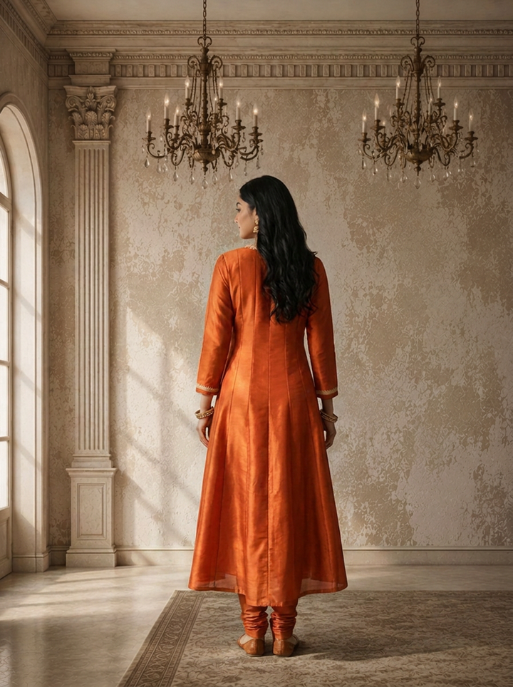 Burnt Orange Silk Zari Boota Embroidered Three Piece Set
