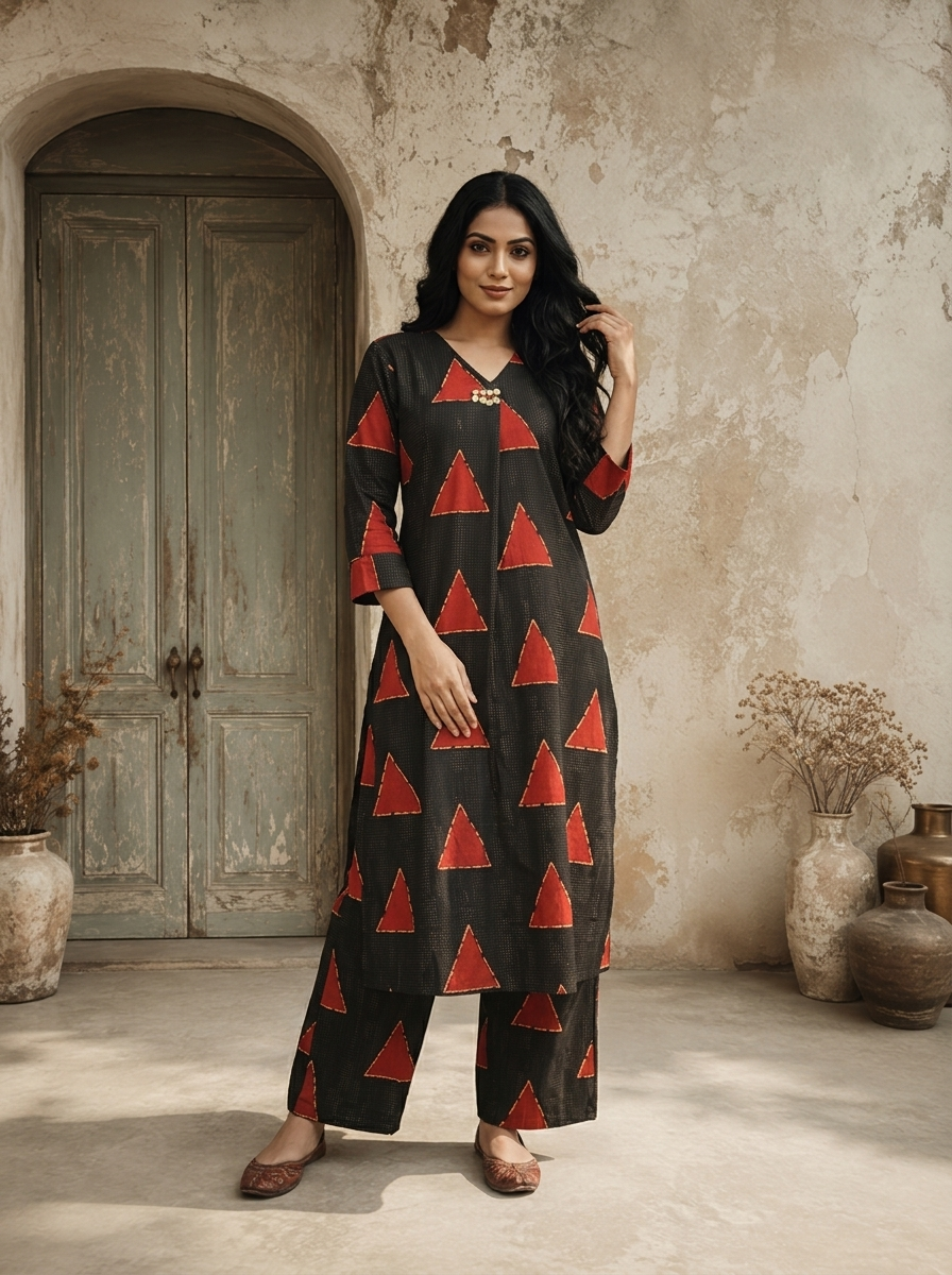 Black Cotton Triangle Jaal Printed Two Piece Set
