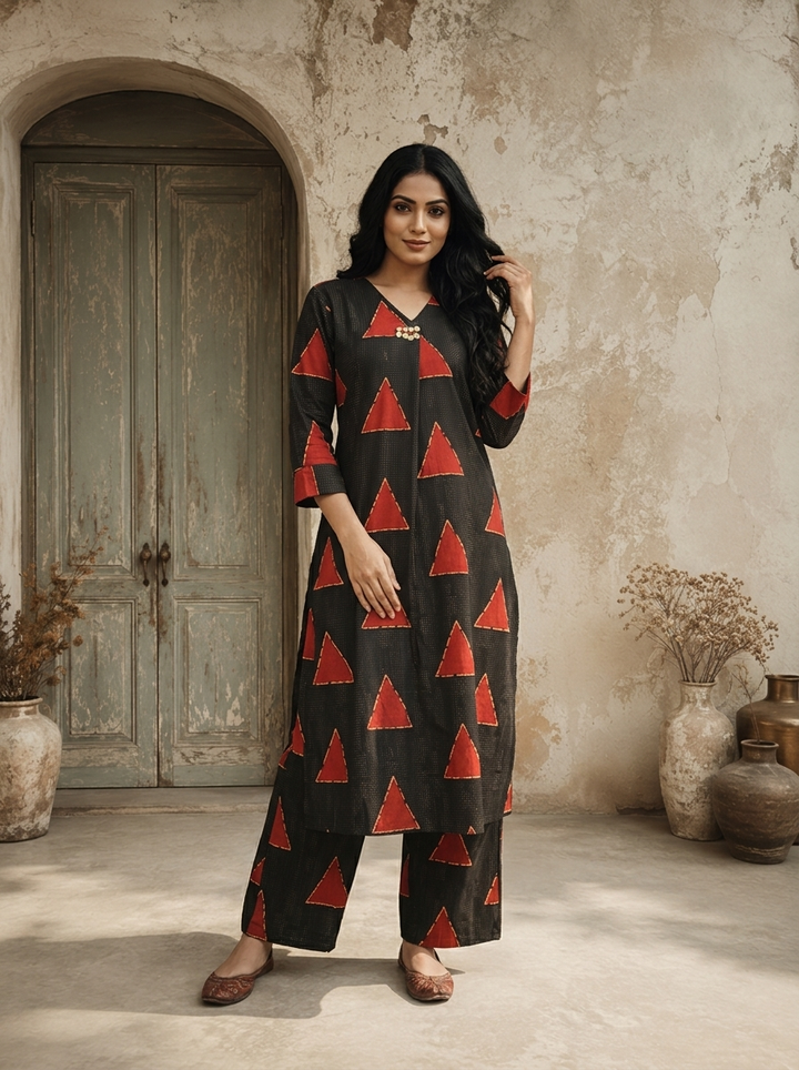 Black Cotton Triangle Jaal Printed Two Piece Set