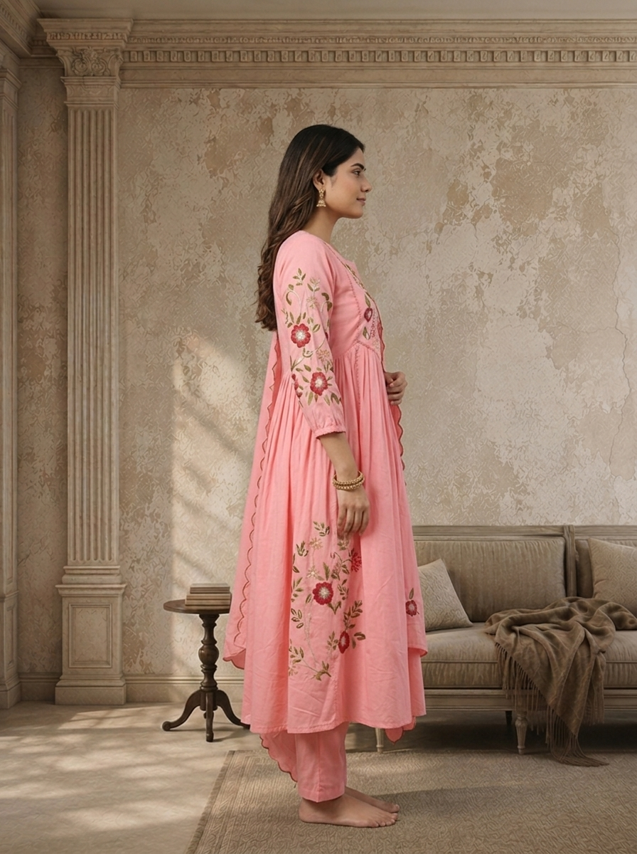 Rose Pink Cotton Floral Embroidered Three Piece Set