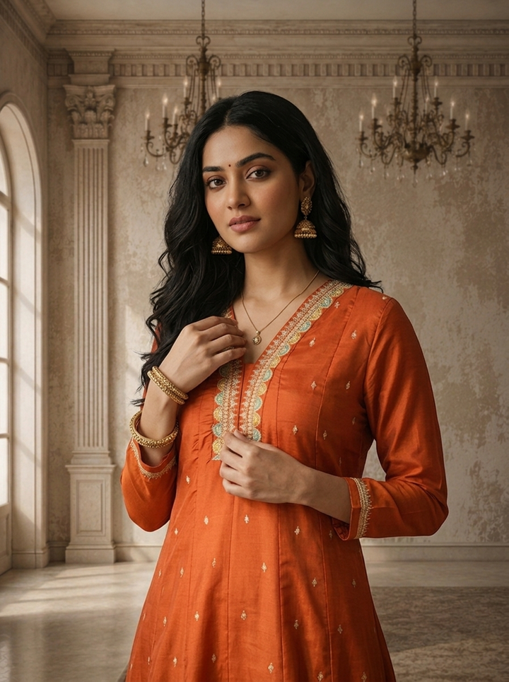Burnt Orange Silk Zari Boota Embroidered Three Piece Set