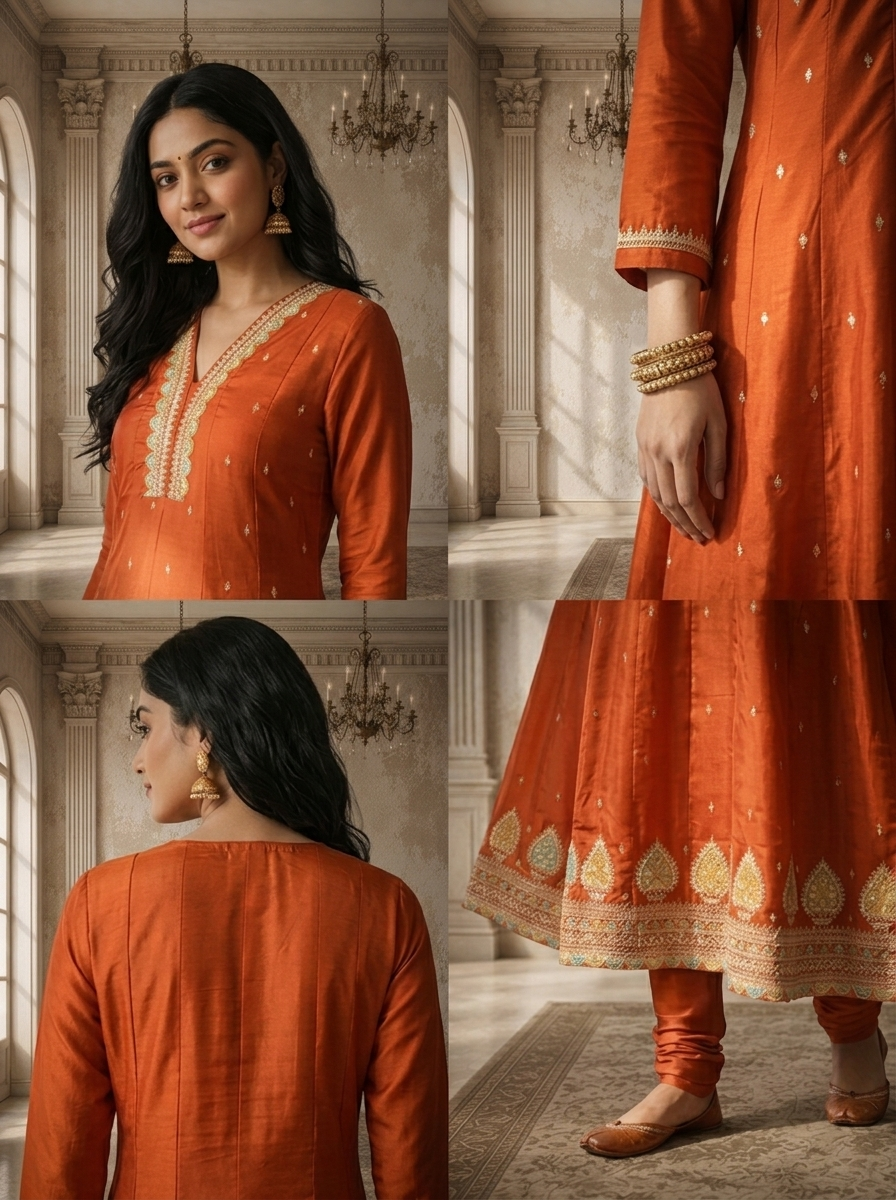 Burnt Orange Silk Zari Boota Embroidered Three Piece Set