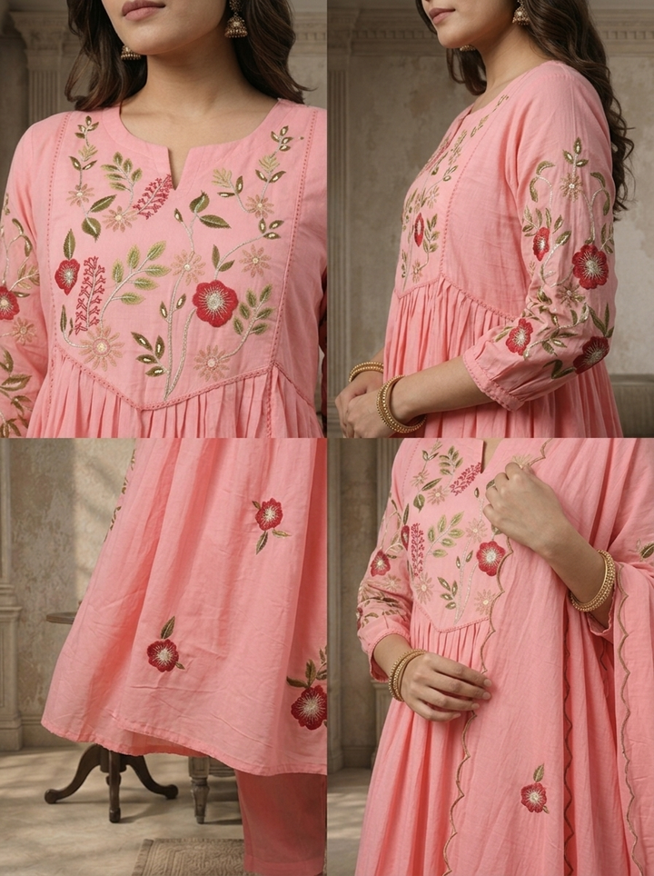 Rose Pink Cotton Floral Embroidered Three Piece Set