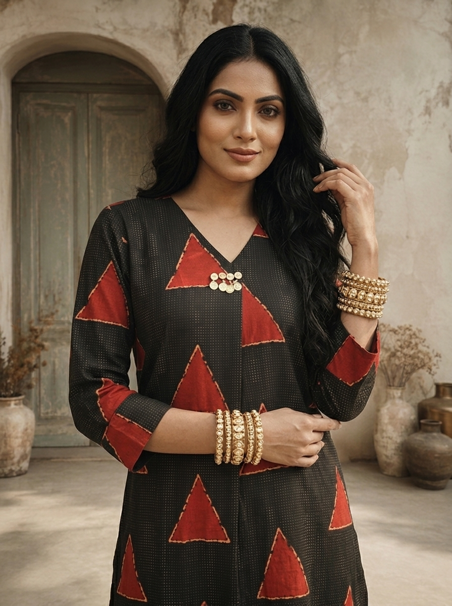 Black Cotton Triangle Jaal Printed Two Piece Set