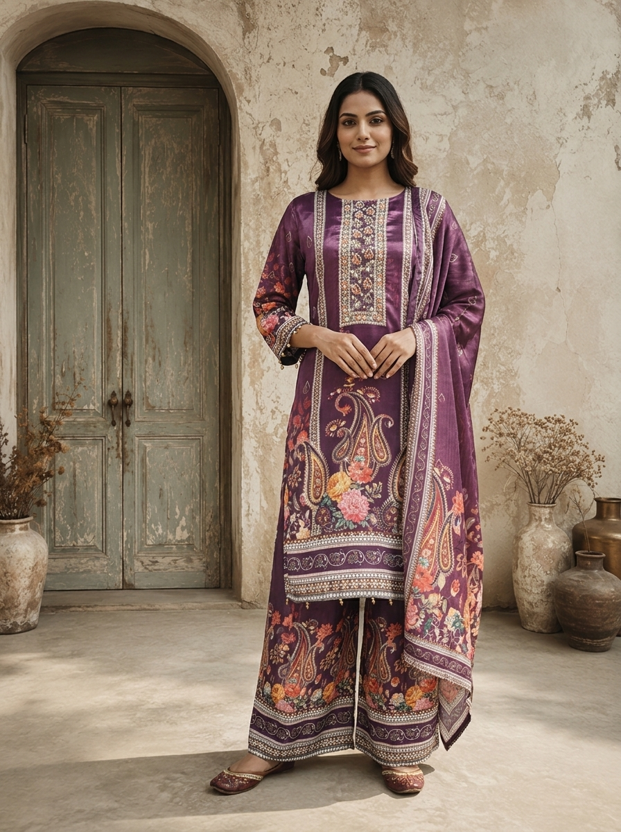 Purple Chinon Paisley Floral Printed Three Piece Set