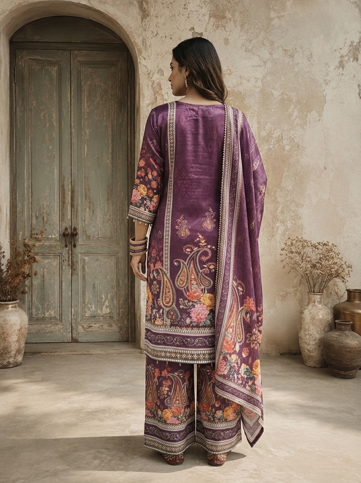 Purple Chinon Paisley Floral Printed Three Piece Set