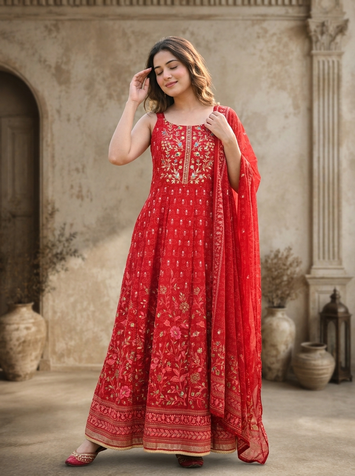 Maroon Organza Bandhani Booti With Floral Printed Three Piece Set