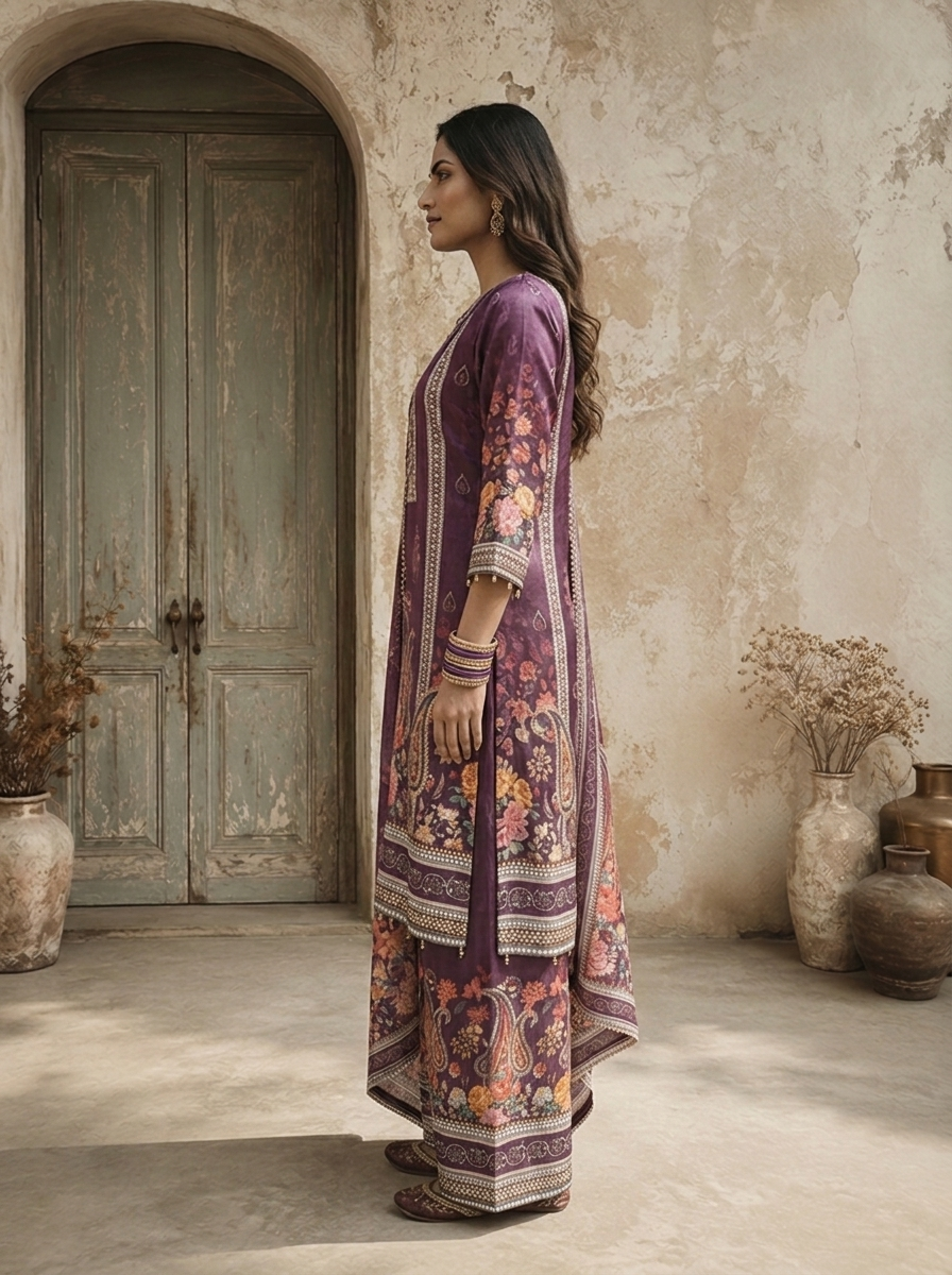 Purple Chinon Paisley Floral Printed Three Piece Set