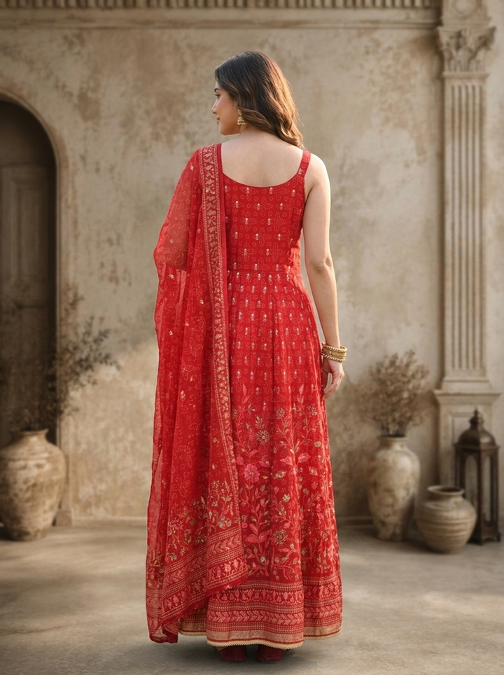 Maroon Organza Bandhani Booti With Floral Printed Three Piece Set