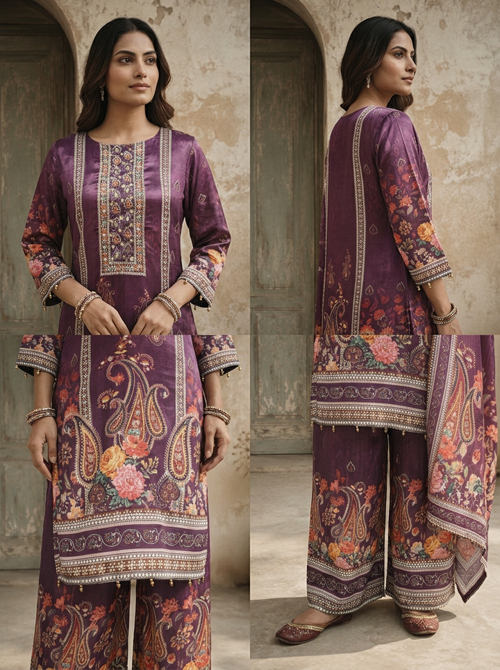 Purple Chinon Paisley Floral Printed Three Piece Set