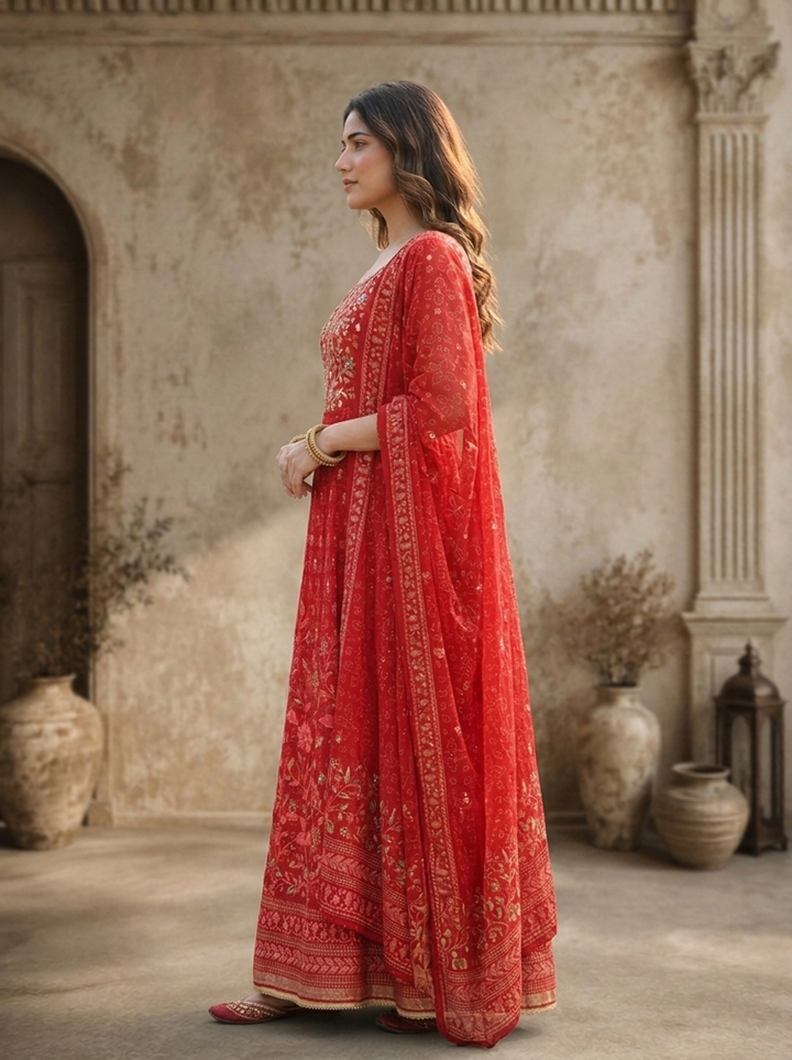 Maroon Organza Bandhani Booti With Floral Printed Three Piece Set