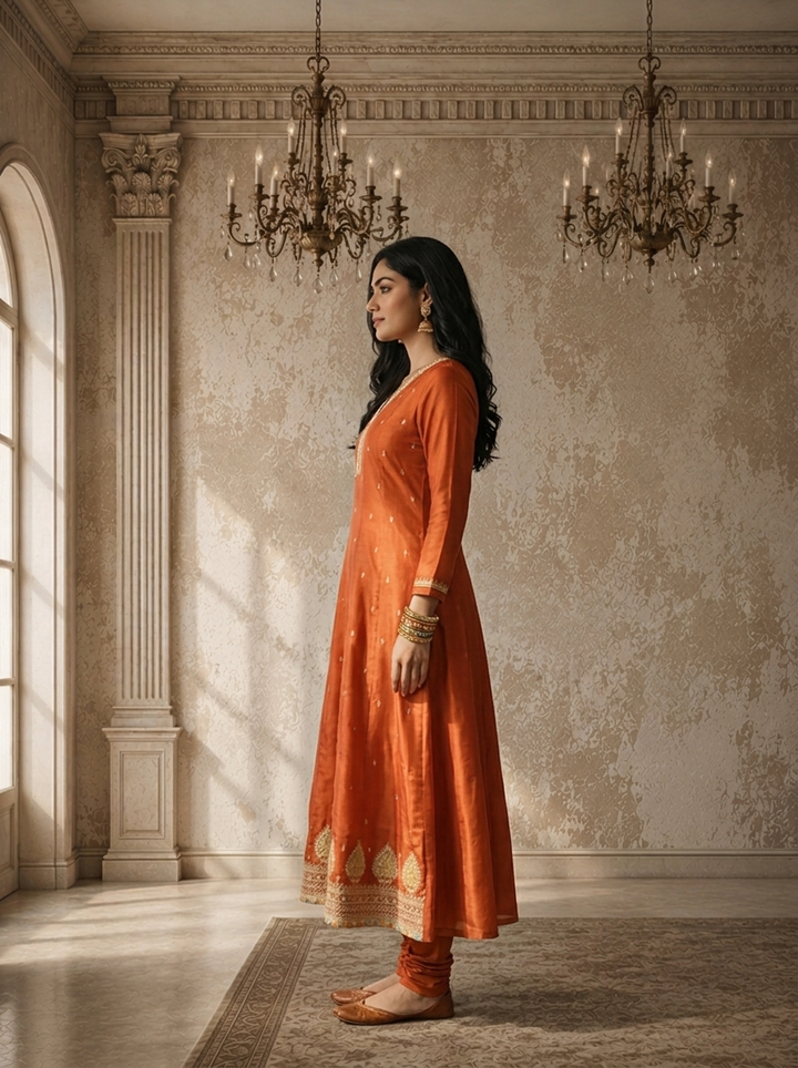 Burnt Orange Silk Zari Boota Embroidered Three Piece Set