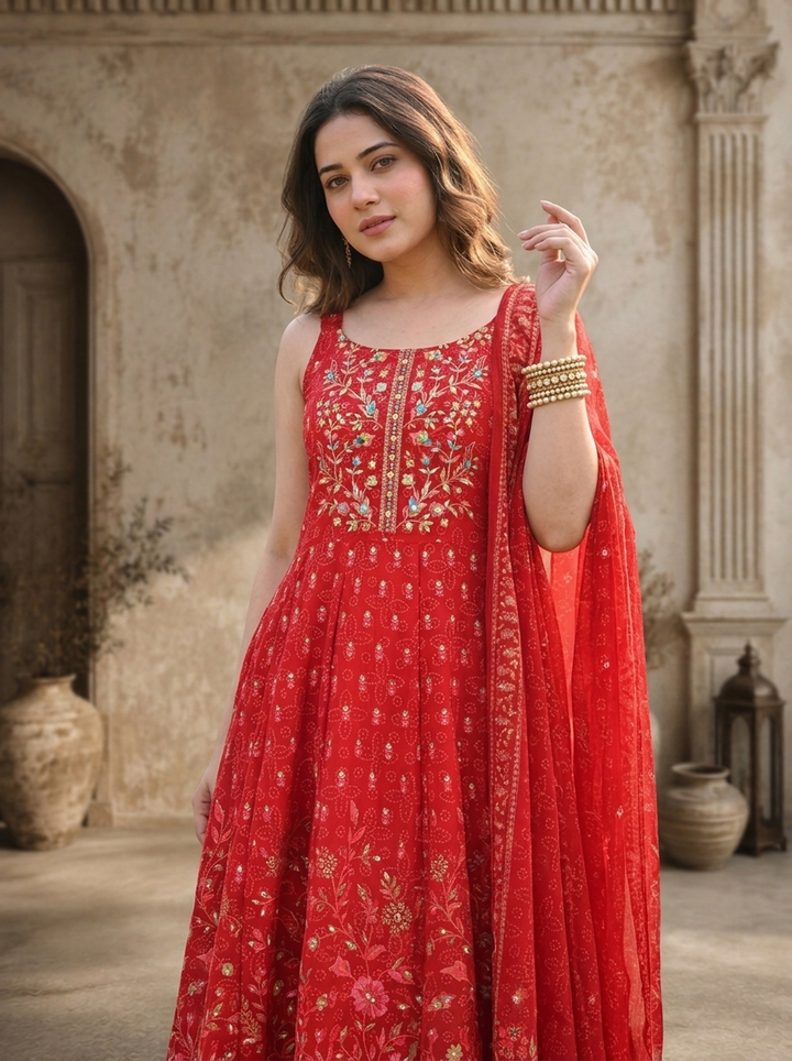 Maroon Organza Bandhani Booti With Floral Printed Three Piece Set