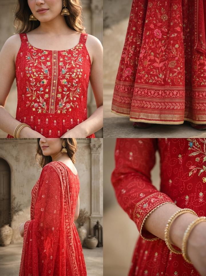 Maroon Organza Bandhani Booti With Floral Printed Three Piece Set
