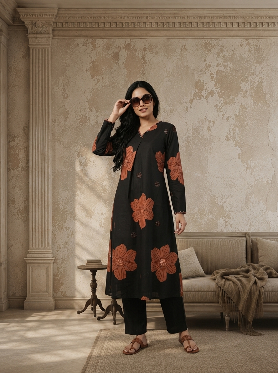 Black Cotton Terracotta Flower Digital Printed Two Piece Set