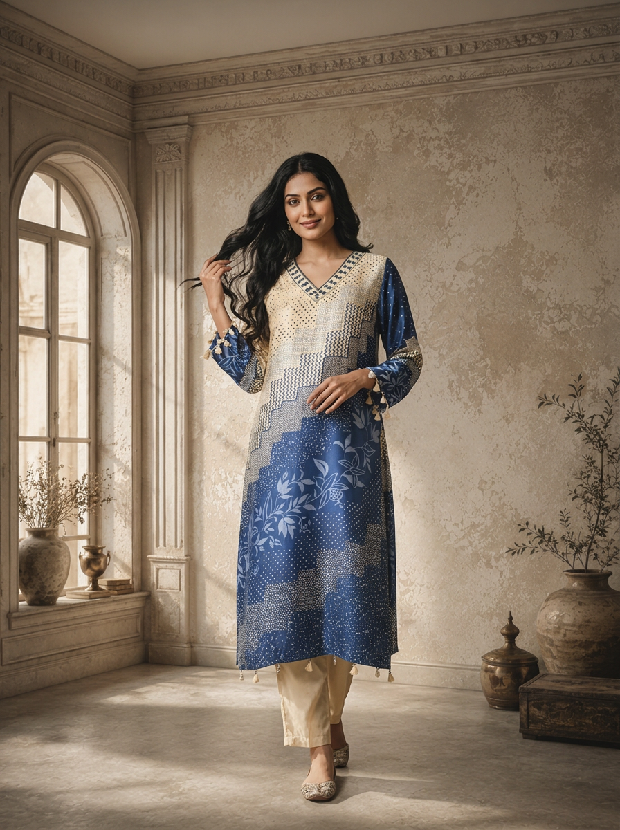 Blue Satin Geometric Patchwork And Leaf Printed Two Piece Set